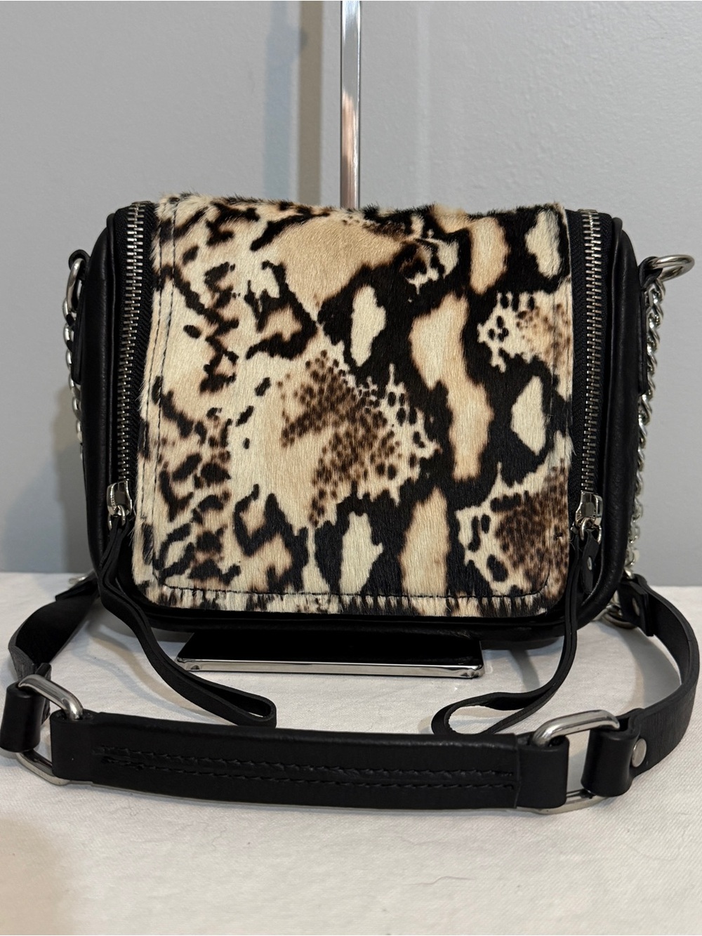 Zara Basic Hair on Hide Black Cream Leather Leopard Print Cowhide Crossbody Bag